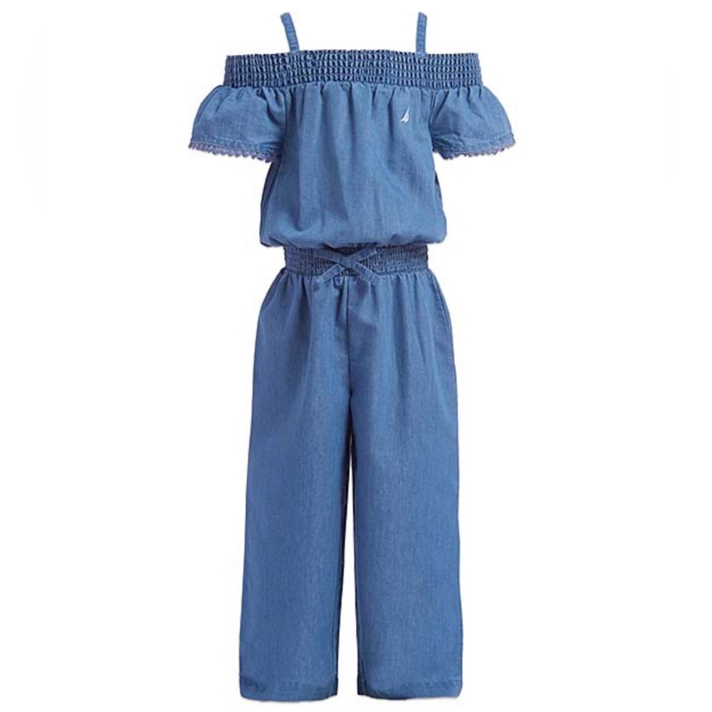 Girls Nautica Light Chambray Off-Shoulder Tie-Waist Jumpsuit